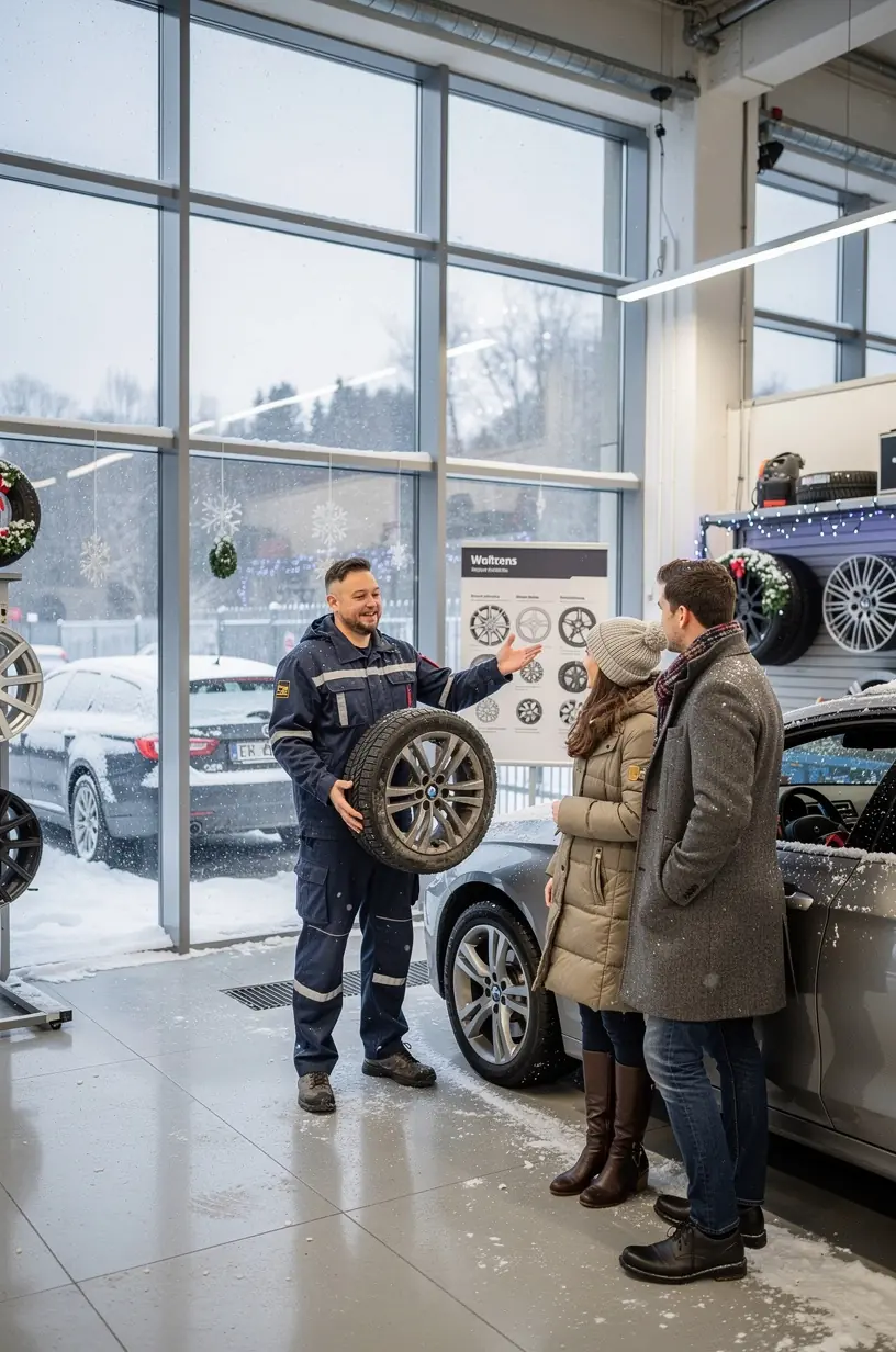 Werkstattpersonal prüft und justiert Fahrzeugbeleuchtung für bessere Sichtbarkeit in der dunklen Jahreszeit.